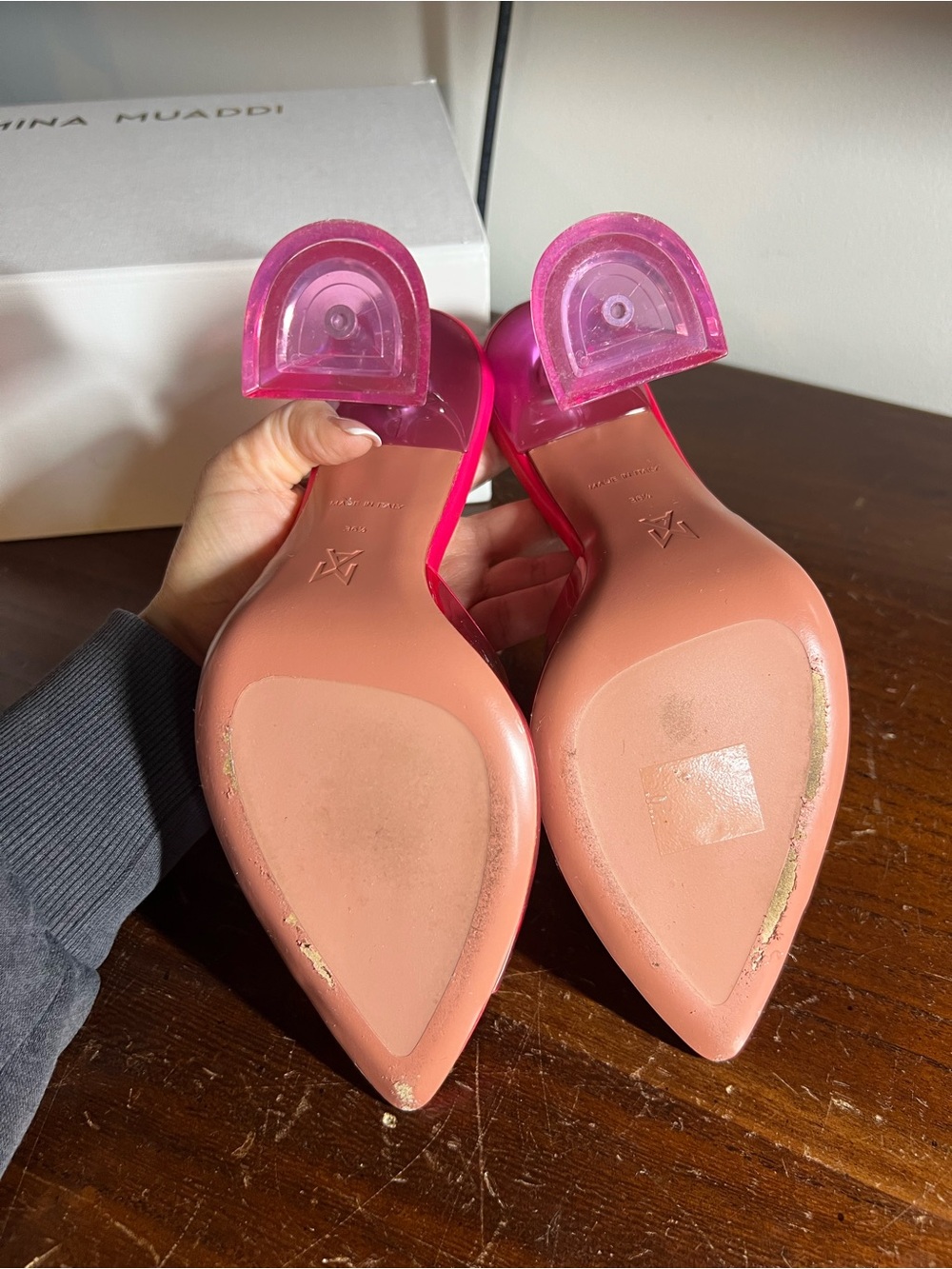 Amina Muaddi Hot Pink Crystal Bow PVC Mules - Picture 4 of 10